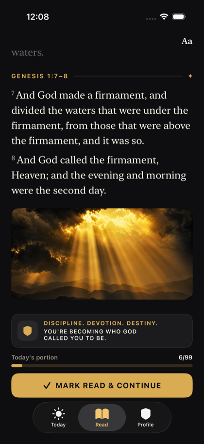 Biblemaxxing Reader — Scripture with the creed card and mark read button