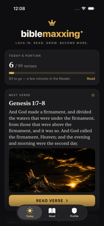 Biblemaxxing Today screen — daily portion, next verse, and reading plan progress